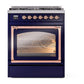 ILVE Nostalgie II 30-Inch Dual Fuel Range with 5 Sealed Burners, 4 cu. ft. Oven, Midnight Blue with Copper Trim, Liquid Propane, Triple Glass Door, UN30NMPMBPLP