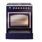 ILVE Nostalgie II 30-Inch Dual Fuel Range with 5 Sealed Burners, 4 cu. ft. Oven, Midnight Blue with Copper Trim, Natural Gas, Triple Glass Door, UN30NMPMBP