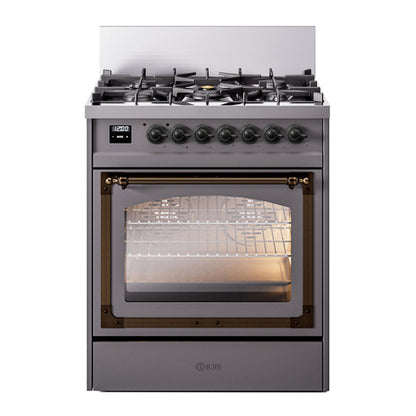 ILVE Nostalgie II 30-Inch Dual Fuel Range with 5 Sealed Burners, 4 cu. ft. Oven, Graphite Matte with Burnished Trim, Liquid Propane, Triple Glass Door, UN30NMPMGBLP