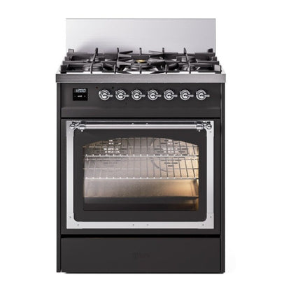 ILVE Nostalgie II 30-Inch Dual Fuel Range with 5 Sealed Burners, 4 cu. ft. Oven, Graphite Matte with Chrome Trim, Liquid Propane, Triple Glass Door, UN30NMPMGCLP