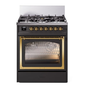 ILVE Nostalgie II 30-Inch Dual Fuel Range with 5 Sealed Burners, 4 cu. ft. Oven, Graphite Matte with Brass Trim, Natural Gas, Triple Glass Door, UN30NMPMGG