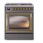 ILVE Nostalgie II 30-Inch Dual Fuel Range with 5 Sealed Burners, 4 cu. ft. Oven, Graphite Matte with Brass Trim, Natural Gas, Triple Glass Door, UN30NMPMGG