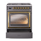 ILVE Nostalgie II 30-Inch Dual Fuel Range with 5 Sealed Burners, 4 cu. ft. Oven, Graphite Matte with Brass Trim, Natural Gas, Triple Glass Door, UN30NMPMGG