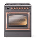 ILVE Nostalgie II 30-Inch Dual Fuel Range with 5 Sealed Burners, 4 cu. ft. Oven, Graphite Matte with Copper Trim, Liquid Propane, Triple Glass Door, UN30NMPMGPLP
