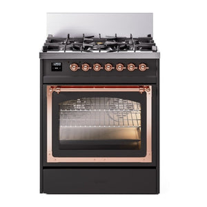 ILVE Nostalgie II 30-Inch Dual Fuel Range with 5 Sealed Burners, 4 cu. ft. Oven, Graphite Matte with Copper Trim, Natural Gas, Triple Glass Door, UN30NMPMGP