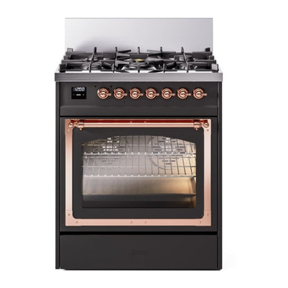 ILVE Nostalgie II 30-Inch Dual Fuel Range with 5 Sealed Burners, 4 cu. ft. Oven, Graphite Matte with Copper Trim, Natural Gas, Triple Glass Door, UN30NMPMGP