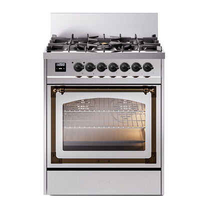 ILVE Nostalgie II 30-Inch Dual Fuel Range with 5 Sealed Burners, 4 cu. ft. Oven, Stainless Steel with Burnished Trim, Natural Gas, Triple Glass Door, UN30NMPSSB
