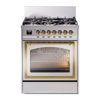 ILVE Nostalgie II 30-Inch Dual Fuel Range with 5 Sealed Burners, 4 cu. ft. Oven, Stainless Steel with Brass Trim, Liquid Propane, Triple Glass Door, UN30NMPSSGLP