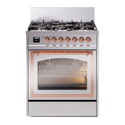 ILVE Nostalgie II 30-Inch Dual Fuel Range with 5 Sealed Burners, 4 cu. ft. Oven, Stainless Steel with Copper Trim, Liquid Propane, Triple Glass Door, UN30NMPSSPLP