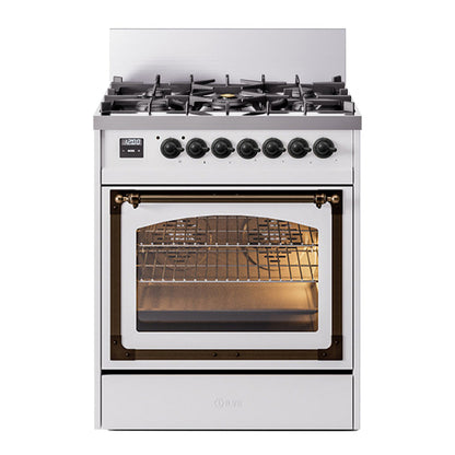 ILVE Nostalgie II 30-Inch Dual Fuel Range with 5 Sealed Burners, 4 cu. ft. Oven, White with Burnished Trim, Liquid Propane, Triple Glass Door, UN30NMPWHBLP