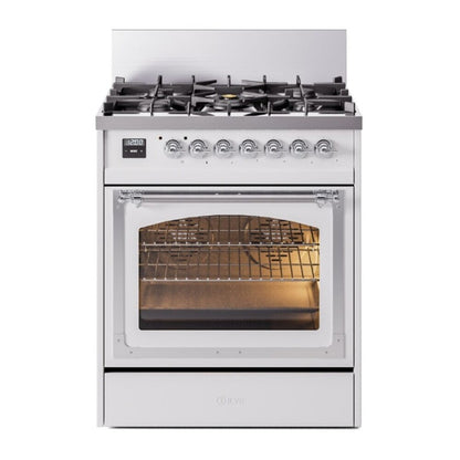 ILVE Nostalgie II 30-Inch Dual Fuel Range with 5 Sealed Burners, 4 cu. ft. Oven, White with Chrome Trim, Natural Gas, Triple Glass Door, UN30NMPWHC