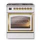 ILVE Nostalgie II 30-Inch Dual Fuel Range with 5 Sealed Burners, 4 cu. ft. Oven, White with Brass Trim, Liquid Propane, Triple Glass Door, UN30NMPWHGLP