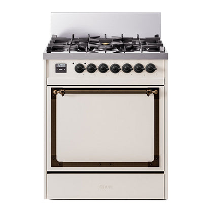 ILVE Nostalgie II 30-Inch Dual Fuel Range with 5 Sealed Burners, 4 cu. ft. Oven, Antique White with Burnished Trim, Liquid Propane, Solid Door, UN30QNMPAWBLP