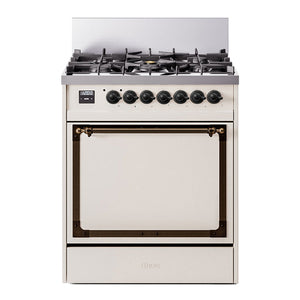 ILVE Nostalgie II 30-Inch Dual Fuel Range with 5 Sealed Burners, 4 cu. ft. Oven, Antique White with Burnished Trim, Natural Gas, Solid Door, UN30QNMPAWB