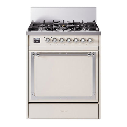 ILVE Nostalgie II 30-Inch Dual Fuel Range with 5 Sealed Burners, 4 cu. ft. Oven, Antique White with Chrome Trim, Liquid Propane, Solid Door, UN30QNMPAWCLP