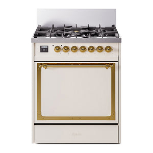 ILVE Nostalgie II 30-Inch Dual Fuel Range with 5 Sealed Burners, 4 cu. ft. Oven, Antique White with Brass Trim, Natural Gas, Solid Door, UN30QNMPAWG