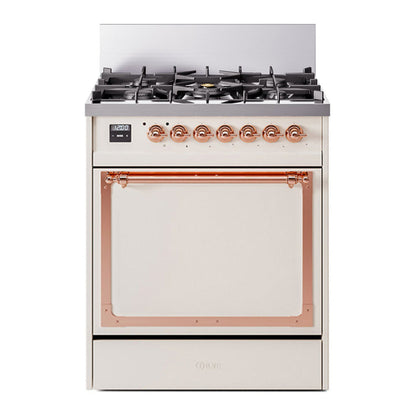 ILVE Nostalgie II 30-Inch Dual Fuel Range with 5 Sealed Burners, 4 cu. ft. Oven, Antique White with Copper Trim, Liquid Propane, Solid Door, UN30QNMPAWPLP