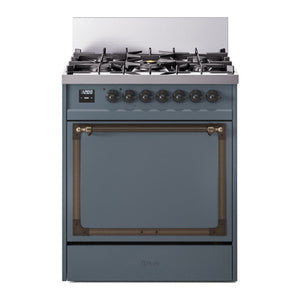 ILVE Nostalgie II 30-Inch Dual Fuel Range with 5 Sealed Burners, 4 cu. ft. Oven, Blue Grey with Burnished Trim, Liquid Propane, Solid Door, UN30QNMPBGBLP