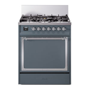 ILVE Nostalgie II 30-Inch Dual Fuel Range with 5 Sealed Burners, 4 cu. ft. Oven, Blue Grey with Chrome Trim, Liquid Propane, Solid Door, UN30QNMPBGCLP