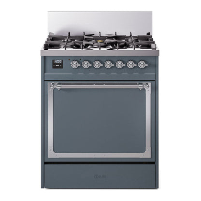 ILVE Nostalgie II 30-Inch Dual Fuel Range with 5 Sealed Burners, 4 cu. ft. Oven, Blue Grey with Chrome Trim, Liquid Propane, Solid Door, UN30QNMPBGCLP