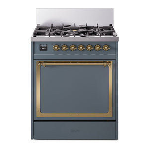 ILVE Nostalgie II 30-Inch Dual Fuel Range with 5 Sealed Burners, 4 cu. ft. Oven, Blue Grey with Brass Trim, Liquid Propane, Solid Door, UN30QNMPBGGLP
