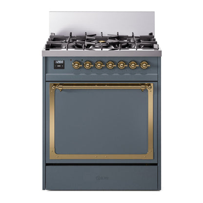 ILVE Nostalgie II 30-Inch Dual Fuel Range with 5 Sealed Burners, 4 cu. ft. Oven, Blue Grey with Brass Trim, Liquid Propane, Solid Door, UN30QNMPBGGLP