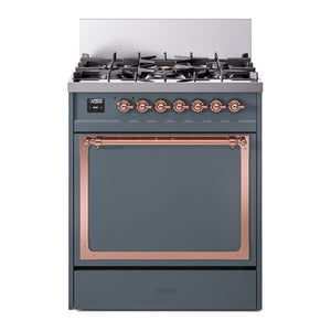 ILVE Nostalgie II 30-Inch Dual Fuel Range with 5 Sealed Burners, 4 cu. ft. Oven, Blue Grey with Copper Trim, Liquid Propane, Solid Door, UN30QNMPBGPLP