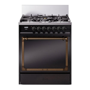 ILVE Nostalgie II 30-Inch Dual Fuel Range with 5 Sealed Burners, 4 cu. ft. Oven, Glossy Black with Burnished Trim, Liquid Propane, Solid Door, UN30QNMPBKBLP