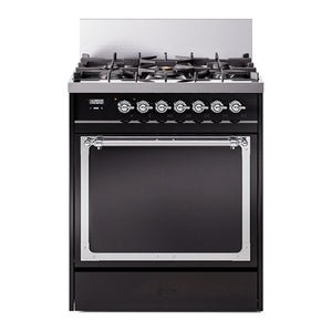 ILVE Nostalgie II 30-Inch Dual Fuel Range with 5 Sealed Burners, 4 cu. ft. Oven, Glossy Black with Chrome Trim, Liquid Propane, Solid Door, UN30QNMPBKCLP