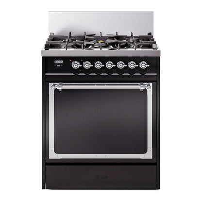 ILVE Nostalgie II 30-Inch Dual Fuel Range with 5 Sealed Burners, 4 cu. ft. Oven, Glossy Black with Chrome Trim, Liquid Propane, Solid Door, UN30QNMPBKCLP
