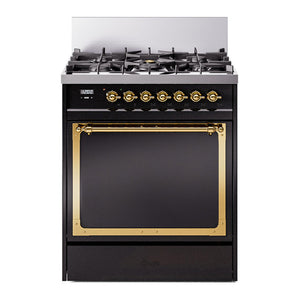 ILVE Nostalgie II 30-Inch Dual Fuel Range with 5 Sealed Burners, 4 cu. ft. Oven, Glossy Black with Brass Trim, Liquid Propane, Solid Door, UN30QNMPBKGLP
