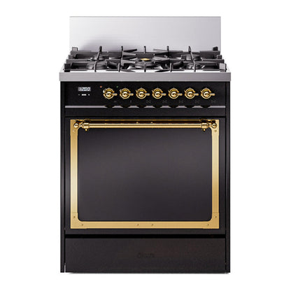 ILVE Nostalgie II 30-Inch Dual Fuel Range with 5 Sealed Burners, 4 cu. ft. Oven, Glossy Black with Brass Trim, Liquid Propane, Solid Door, UN30QNMPBKGLP