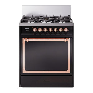 ILVE Nostalgie II 30-Inch Dual Fuel Range with 5 Sealed Burners, 4 cu. ft. Oven, Glossy Black with Copper Trim, Liquid Propane, Solid Door, UN30QNMPBKPLP