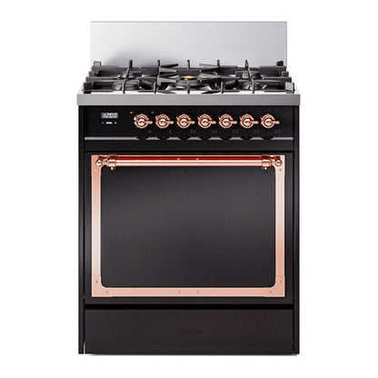 ILVE Nostalgie II 30-Inch Dual Fuel Range with 5 Sealed Burners, 4 cu. ft. Oven, Glossy Black with Copper Trim, Natural Gas, Solid Door, UN30QNMPBKP