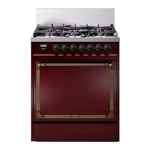 ILVE Nostalgie II 30-Inch Dual Fuel Range with 5 Sealed Burners, 4 cu. ft. Oven, Burgundy with Burnished Trim, Liquid Propane, Solid Door, UN30QNMPBUBLP