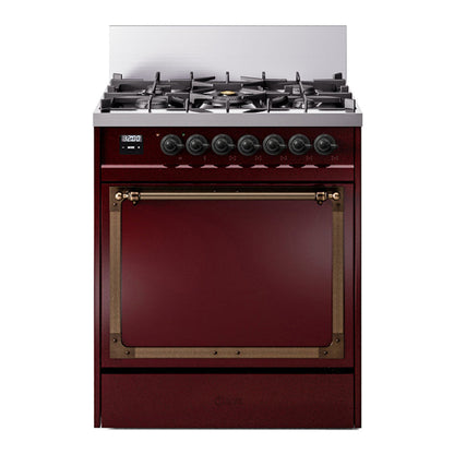 ILVE Nostalgie II 30-Inch Dual Fuel Range with 5 Sealed Burners, 4 cu. ft. Oven, Burgundy with Burnished Trim, Liquid Propane, Solid Door, UN30QNMPBUBLP