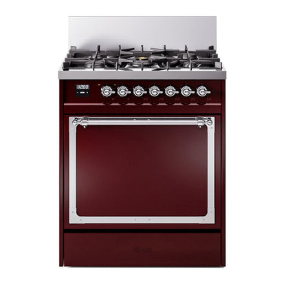 ILVE Nostalgie II 30-Inch Dual Fuel Range with 5 Sealed Burners, 4 cu. ft. Oven, Burgundy with Chrome Trim, Liquid Propane, Solid Door, UN30QNMPBUCLP
