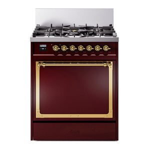 ILVE Nostalgie II 30-Inch Dual Fuel Range with 5 Sealed Burners, 4 cu. ft. Oven, Burgundy with Brass Trim, Natural Gas, Solid Door, UN30QNMPBUG