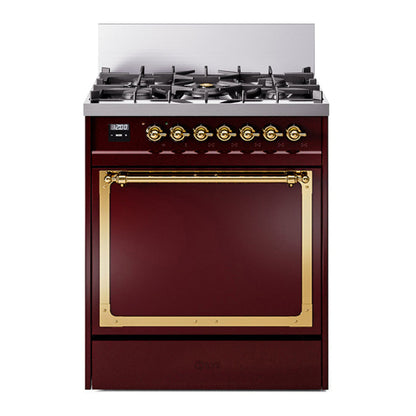 ILVE Nostalgie II 30-Inch Dual Fuel Range with 5 Sealed Burners, 4 cu. ft. Oven, Burgundy with Brass Trim, Natural Gas, Solid Door, UN30QNMPBUG