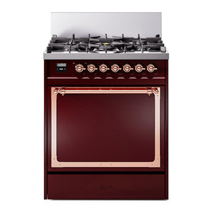 ILVE Nostalgie II 30-Inch Dual Fuel Range with 5 Sealed Burners, 4 cu. ft. Oven, Burgundy with Copper Trim, Natural Gas, Solid Door, UN30QNMPBUP