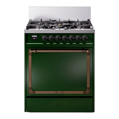 ILVE Nostalgie II 30-Inch Dual Fuel Range with 5 Sealed Burners, 4 cu. ft. Oven, Emerald Green with Burnished Trim, Liquid Propane, Solid Door, UN30QNMPEGBLP