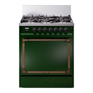 ILVE Nostalgie II 30-Inch Dual Fuel Range with 5 Sealed Burners, 4 cu. ft. Oven, Emerald Green with Burnished Trim, Natural Gas, Solid Door, UN30QNMPEGB