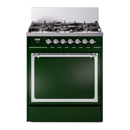 ILVE Nostalgie II 30-Inch Dual Fuel Range with 5 Sealed Burners, 4 cu. ft. Oven, Emerald Green with Chrome Trim, Liquid Propane, Solid Door, UN30QNMPEGCLP