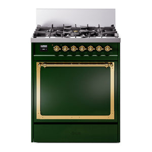 ILVE Nostalgie II 30-Inch Dual Fuel Range with 5 Sealed Burners, 4 cu. ft. Oven, Emerald Green with Brass Trim, Liquid Propane, Solid Door, UN30QNMPEGGLP