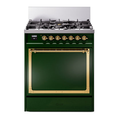 ILVE Nostalgie II 30-Inch Dual Fuel Range with 5 Sealed Burners, 4 cu. ft. Oven, Emerald Green with Brass Trim, Liquid Propane, Solid Door, UN30QNMPEGGLP