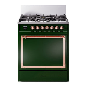 ILVE Nostalgie II 30-Inch Dual Fuel Range with 5 Sealed Burners, 4 cu. ft. Oven, Emerald Green with Copper Trim, Liquid Propane, Solid Door, UN30QNMPEGPLP