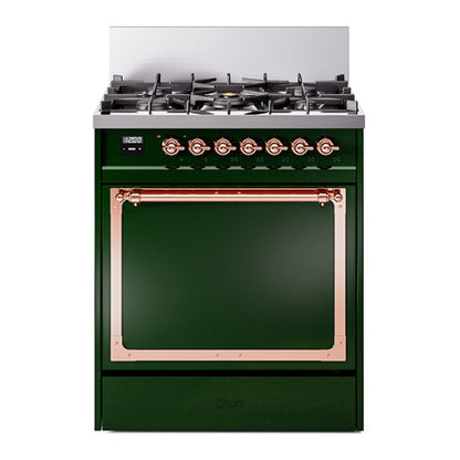 ILVE Nostalgie II 30-Inch Dual Fuel Range with 5 Sealed Burners, 4 cu. ft. Oven, Emerald Green with Copper Trim, Natural Gas, Solid Door, UN30QNMPEGP