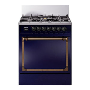 ILVE Nostalgie II 30-Inch Dual Fuel Range with 5 Sealed Burners, 4 cu. ft. Oven, Midnight Blue with Burnished Trim, Natural Gas, Solid Door, UN30QNMPMBB