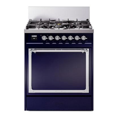 ILVE Nostalgie II 30-Inch Dual Fuel Range with 5 Sealed Burners, 4 cu. ft. Oven, Midnight Blue with Chrome Trim, Liquid Propane, Solid Door, UN30QNMPMBCLP