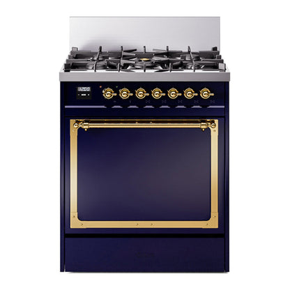 ILVE Nostalgie II 30-Inch Dual Fuel Range with 5 Sealed Burners, 4 cu. ft. Oven, Midnight Blue with Brass Trim, Liquid Propane, Solid Door, UN30QNMPMBGLP